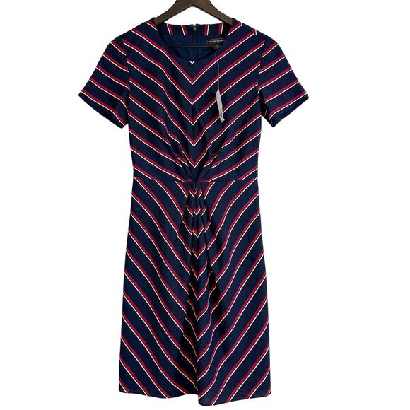 NWT Banana Republic Polyester Navy Blue Red Stripe Dress Knee Length - 0 - Picture 1 of 8